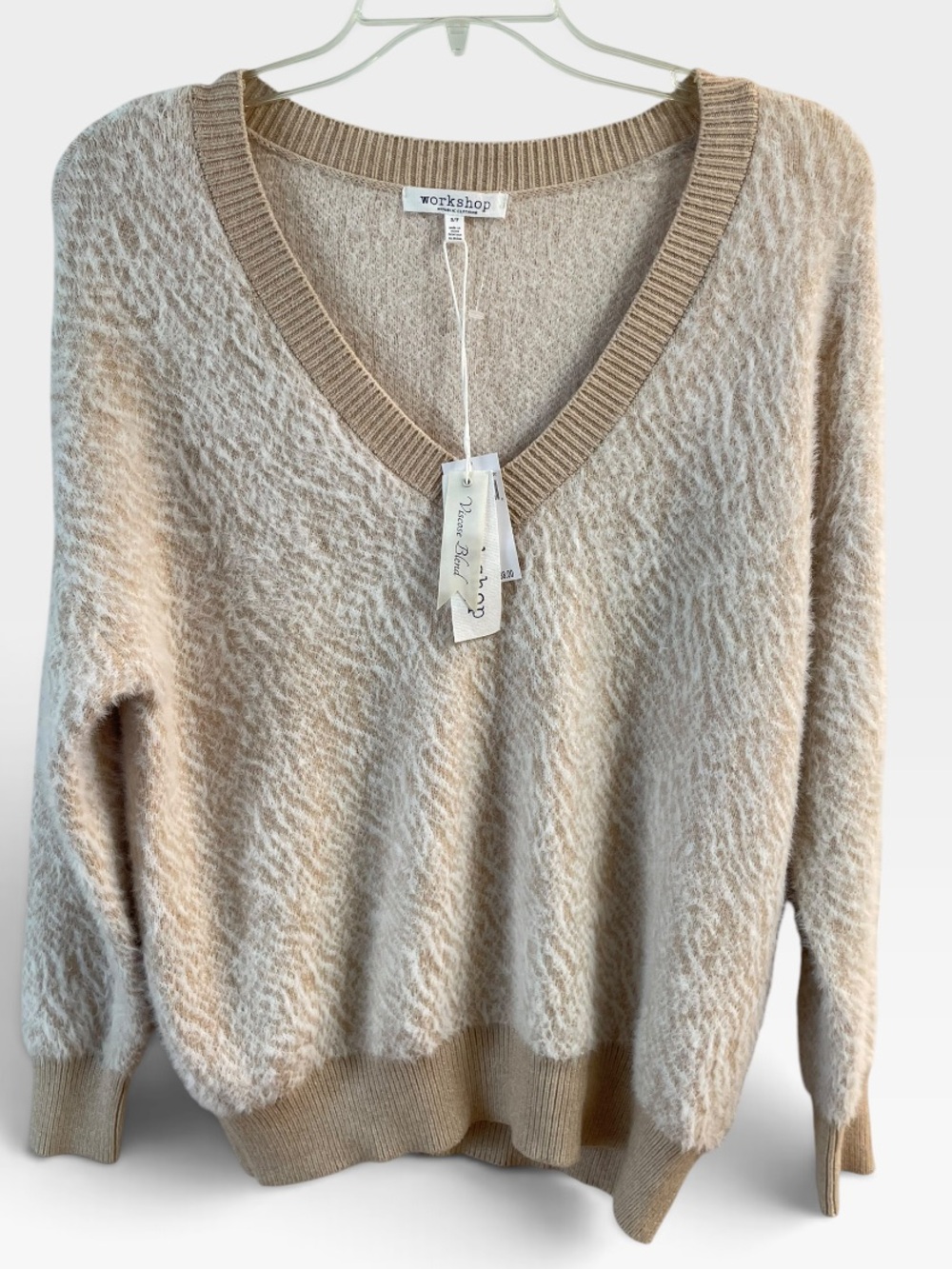 Workshop Republic Clothing NWT Fuzzy V Neck Sweater Beige Ivory Oversized S